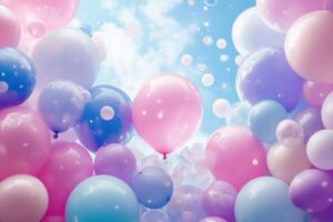 many balloons floating in the air with blue and pink colors photo