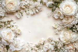 white roses and baby's breath on a beige background photo