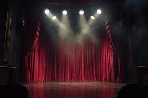 a stage with red curtains and lights photo