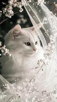 a white cat is sitting in a flowery area photo