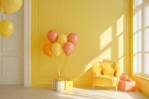 yellow room with balloons and a chair photo