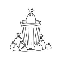 A trash bin surrounded by wrappers with one bag sticking out vector
