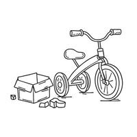 A tricycle next to a toy box spilled open vector