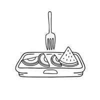 A tray close to sliced fruit with a fork resting nearby vector