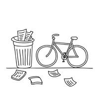 A trash bin next to a bike with loose papers around it vector