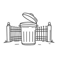 An opened trash bin with opened lid in front of a fence gate vector