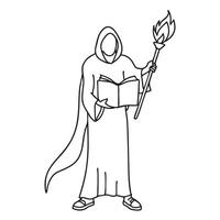 A figure in a robe holding a torch in one hand and opening a book with the other vector