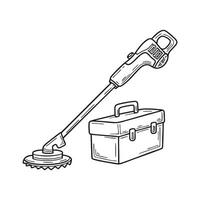 A grass trimmer with blade beside a toolbox vector