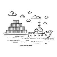 A tug beside a stack of containers at the harbor vector