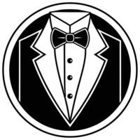 Elegant black and white illustration of a formal tuxedo jacket and bow tie within a circle vector