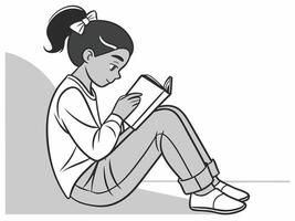 Young girl engrossed in a book enjoying a quiet moment of reading in a classic black and white style vector