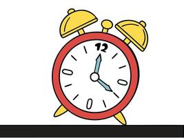 Cartoon illustration of a classic red and yellow alarm clock displaying the time and ready to wake up. vector