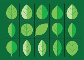 Collection of stylized green leaves in various shapes with simple design on dark green background. vector