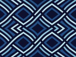 Seamless geometric pattern design in shades of blue with diamond and stripe shapes on dark background. vector