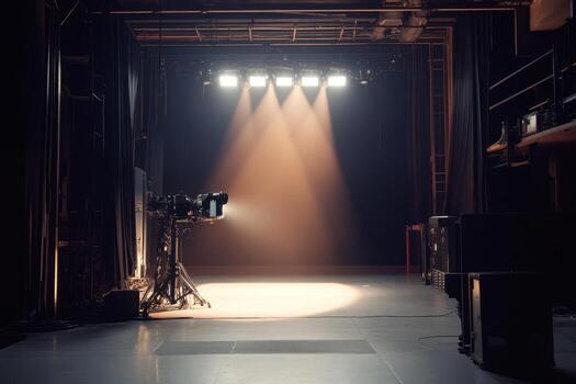 an empty stage with lights shining down photo