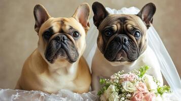two french bulldogs sitting next to each other with a bouquet photo