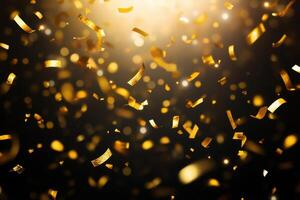 golden confetti falling on a black background photo
