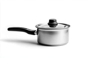 a stainless steel saucepan with a lid on a white background photo