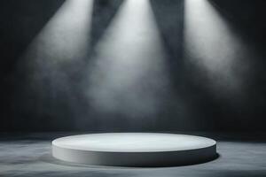 white stage with spotlight and smoke photo