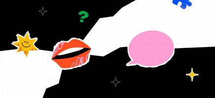 A collage of torn pieces of paper, lips, a speech bubble, stars and a question mark. Bright design and template for various ads and information. vector