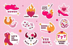 A collection of various stickers in the style of cowgirl. A set of cowboy boots, a hat and a disco ball, a skull, a horseshoe. Wild West style design elements. vector