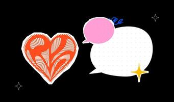 A collage with a stylized heart and speech bubbles next to it. Bright message design template, notice, memo. vector