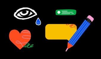 A bold collage of pencil, heart, eye and speech bubble. A stylized design template for a dialog, notification. vector