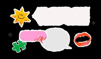 Collage of torn pieces of paper surrounded by smiling stars, open lips, speech bubbles, puzzle pieces, doodles. Vivid design and template for various ads or content. vector
