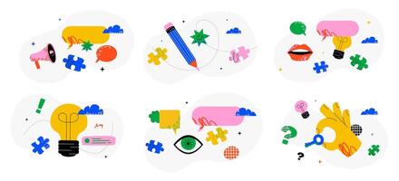 A collection of vibrant abstract concepts from various shapes and interactions. A metaphor for an announcement, creativity, communication, finding ideas, and solving issues. vector