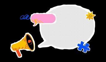A vibrant cut out collage of a huge textured speech bubble, a megaphone, a puzzle piece, and a star. A stylized design template for notifications, memos, or advertising information. vector