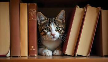 A Curious Kitten Peeking from Behind Books photo