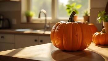 Pumpkin on a Wooden Table in a Sunny Kitchen photo