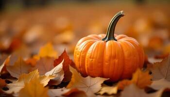 A vibrant orange pumpkin surrounded by autumn leaves in the golden hour sunlight photo
