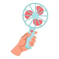 Illustration of hand holding portable fan, colorful summer design element. Isolated on white background vector