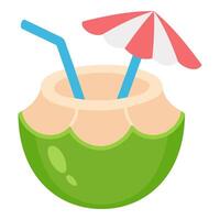 Hand drawn flat coconut drink with straw and umbrella isolated on white background for summer design vector