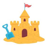 Sand castle with shovel on white background, playful summer beach illustration vector