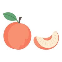 Flat illustration of peach with slice. In cute and minimalistic style for children's content, visual recipes and fruit themed graphics vector