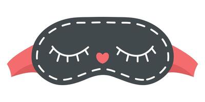 Flat illustration of cute black sleeping mask with closed eyes and heart. Sleeping accessory isolated on white for sleep and relaxation themes vector