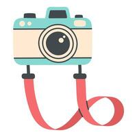 Cute flat camera with red strap isolated on white background. Retro photography design element for travel blogs, posters, kids' materials, and creative projects vector