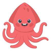 Flat illustration of smiling red squid with cute eyes and tentacles vector