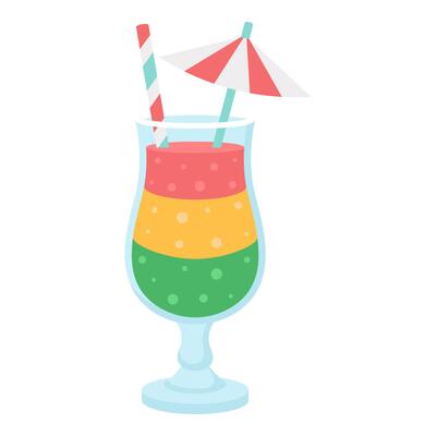 Flat illustration of tropical cocktail. Colorful layered drink with straw and umbrella in clear glass, perfect for summer themes, holiday designs and refreshing drink graphics