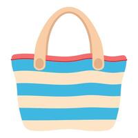 Flat illustration of a striped beach bag. Summer accessory design with blue and beige stripes, red trim, and beige handles, isolated on white background vector