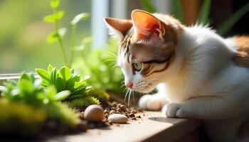 Cat enjoying the sun near plants photo