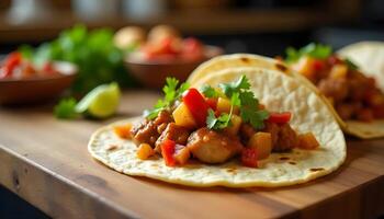 Delicious Tacos with Fresh Ingredients on a Wooden Board photo