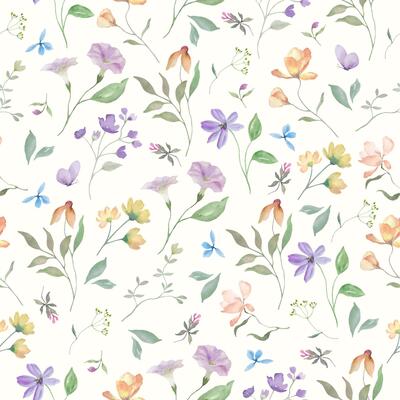 Seamless watercolor pattern with cute wildflowers, butterflies. Hand-drawn floral illustration isolated on pastel background.