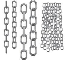 Detailed illustration of various metallic chains hanging vertically on a white background vector