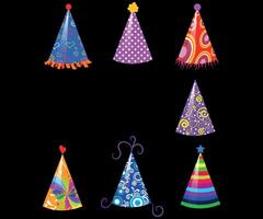 Colorful illustrations of party hats decorated with various fun designs and patterns vector