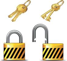 Golden keys and padlocks showing security protection and unlocking symbols on white background vector