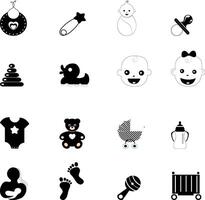 Simple black and white baby items and icons for various parenting related concepts vector