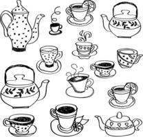 Hand drawn tea set collection with teapots cups saucers and tea theme elements vector